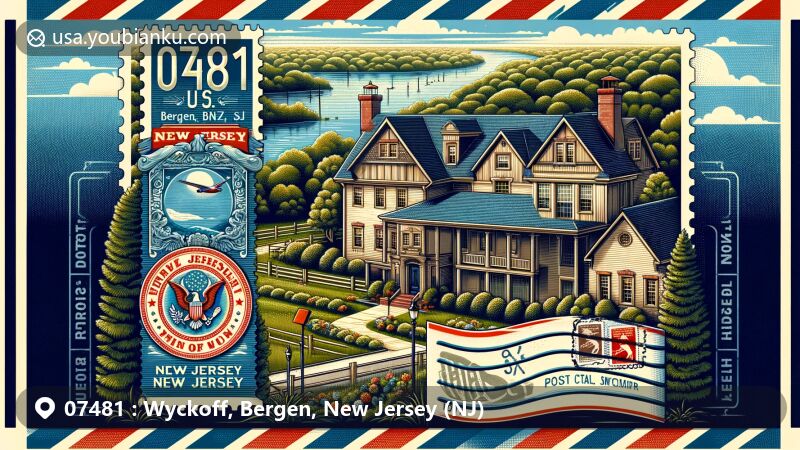 Retro-style illustration of Wyckoff, Bergen County, New Jersey, featuring a vintage airmail envelope with ZIP code 07481, displaying the New Jersey state flag on a postage stamp, and showcasing Zabriskie House and McFaul Environmental Center.