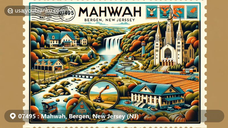 Vintage postcard collage of Mahwah, Bergen County, New Jersey, showcasing Ramapo Valley County Reservation, Hawk Rock, Campgaw Mountain Ski Area, Secor Farms, and Immaculate Conception Roman Catholic Church.