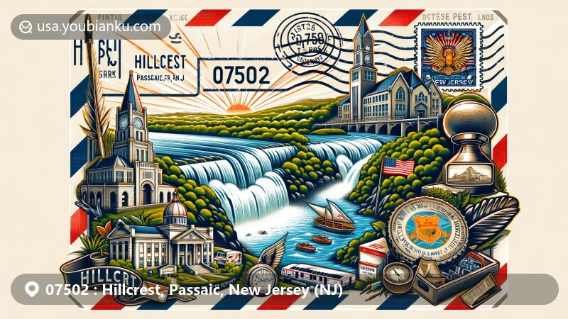 Modern illustration of Hillcrest area in Passaic County, New Jersey, showcasing vintage airmail envelope with landmarks like Great Falls of the Passaic River and historic buildings, and featuring New Jersey state flag on a postal stamp with ZIP code 07502.