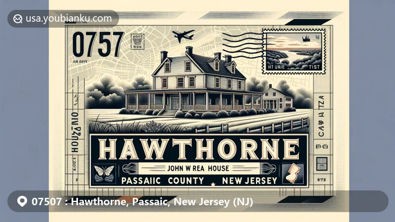 Modern illustration of Hawthorne, Passaic County, New Jersey, featuring a vintage air mail envelope with an illustration of the John W. Rea House, colonial-style historic building, surrounded by New Jersey state symbols and Passaic County stamp, set against a map of Hawthorne, with bold '07507' zipcode.