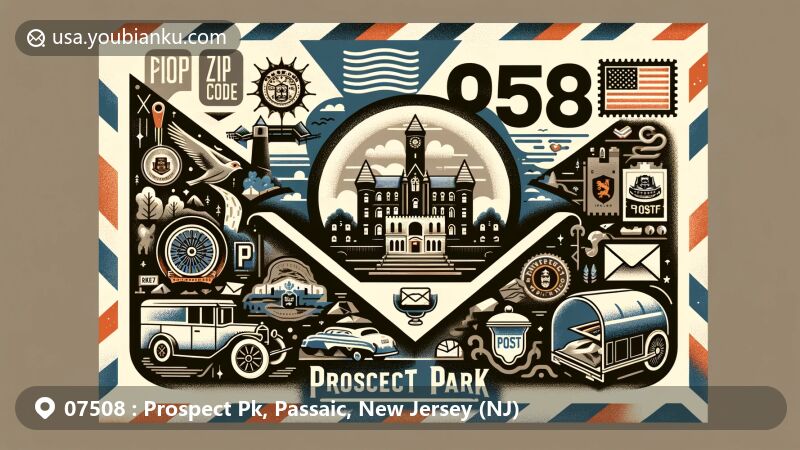 Modern illustration of Prospect Park, Passaic County, New Jersey, featuring postal theme with ZIP code 07508, showcasing Lambert Castle and local cultural symbols.