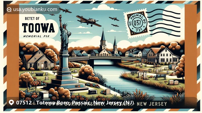 Modern illustration of Totowa Boro, Passaic, New Jersey, showcasing postal theme with ZIP code 07512, featuring Veterans Memorial Park, Passaic River, residential scenes, and airmail design.
