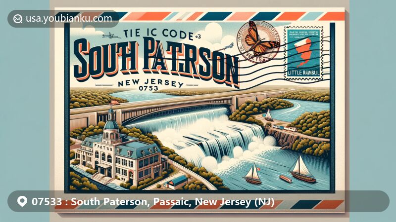 Modern illustration of South Paterson, Passaic County, New Jersey, showcasing postal theme with ZIP code 07533, featuring Great Falls of Passaic River and cultural heritage, including Little Istanbul and Little Ramallah.