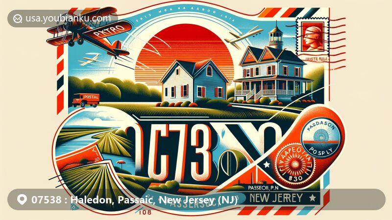 Modern illustration of Haledon, Passaic, New Jersey, showcasing postal theme with ZIP code 07538, featuring Pietro and Maria Botto House, American Labor Museum, serene rural landscape with rolling hills and the Passaic River.