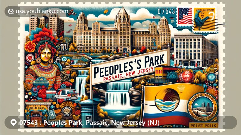 Modern illustration of Peoples Park, Passaic, New Jersey, highlighting cultural fusion with Latin American influence, showcasing Paterson Great Falls, Dey Mansion, and Art Deco skyscraper.