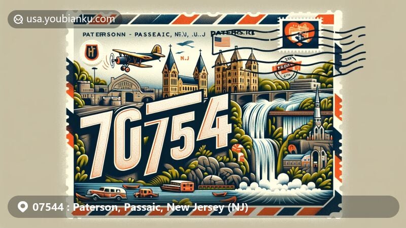 Modern illustration of Paterson, Passaic, New Jersey, with postal theme showcasing ZIP code 07544, featuring Passaic River Great Falls, Lambert Castle, and St. Joseph's RC Church.