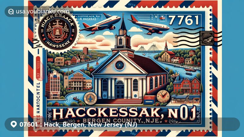Modern illustration of Hackensack, Bergen County, New Jersey, featuring postal theme with ZIP code 07601, highlighting historic First Reformed Church, Hackensack River, and connection to New York City skyline.