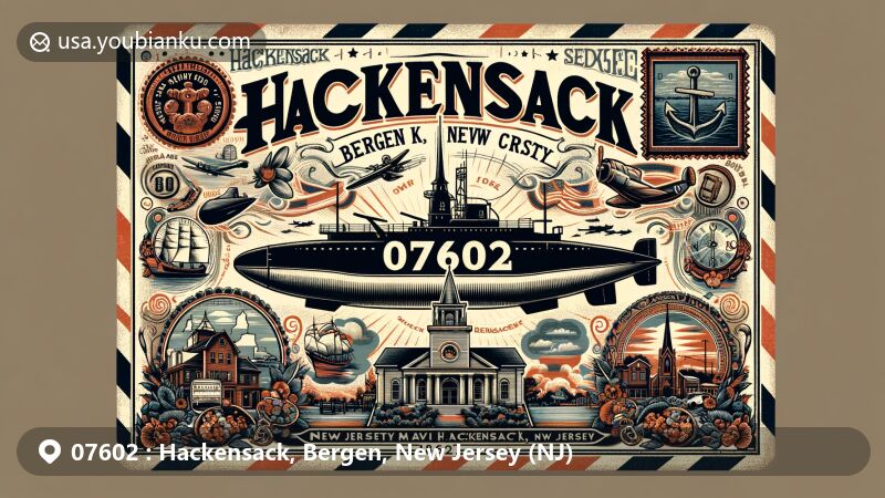 Vintage-style illustration of Hackensack, Bergen County, New Jersey, showcasing U.S. postal theme with ZIP code 07602, featuring USS Ling submarine, First Reformed Church, and diverse culinary scene.