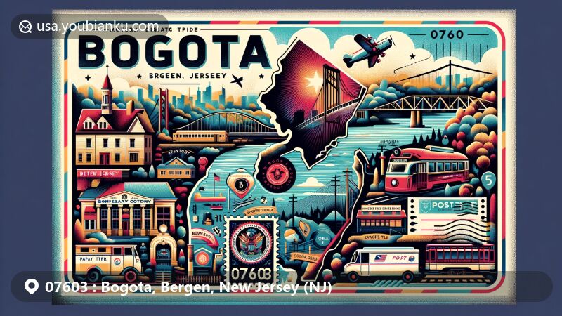 Modern illustration of Bogota, Bergen County, New Jersey, featuring Hackensack River, New Jersey state silhouette, historical landmarks, and vintage postal elements, capturing the town's charm and postal theme.
