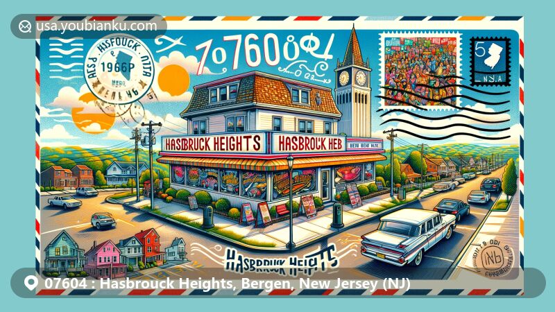 Modern illustration of Bendix Diner, a historic landmark in Hasbrouck Heights, Bergen County, New Jersey, featuring community events, cultural diversity, and ZIP code 07604.
