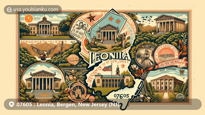 Modern illustration of Leonia, Bergen County, New Jersey, representing '07605' ZIP Code area, showcasing historical landmarks like Civil War Drill Hall and Armory, classical Greek art elements, lush tree-lined streets, and New Jersey state symbols.