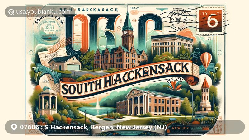Modern illustration of South Hackensack, Bergen County, New Jersey, capturing local landmarks like Bergen County Courthouse and Easton Tower, surrounded by lush greenery and parks, featuring postal elements with ZIP code 07606.