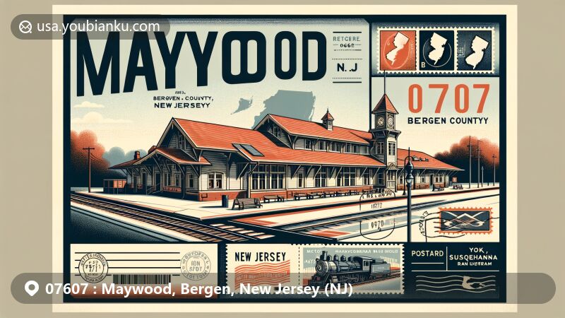 Modern illustration of Maywood, Bergen County, New Jersey, showcasing historic Maywood Station Museum, postal elements, and New Jersey's outline.