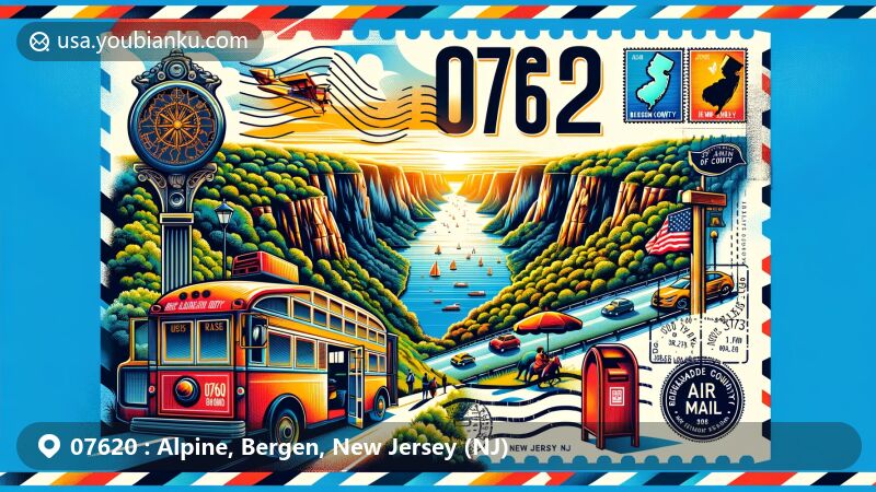 Modern illustration of Alpine, Bergen County, New Jersey, capturing the beauty of Palisades Interstate Park with breathtaking cliffs and Hudson River trails, featuring postal elements like stamps, '07620' postal mark, vintage mailbox, and old-fashioned postal van.