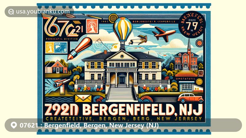 Modern illustration of Bergenfield, Bergen County, New Jersey, featuring historic Tunis R. Cooper property with late Federal architecture, cultural diversity, and postal elements of ZIP code 07621.