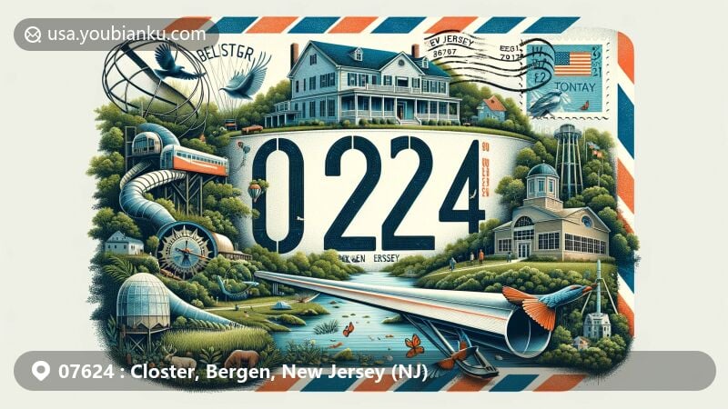 Modern illustration of Closter, Bergen County, New Jersey, showcasing postal theme with ZIP code 07624, featuring John Naugle House, Closter Nature Center, and Belskie Museum of Art & Science.