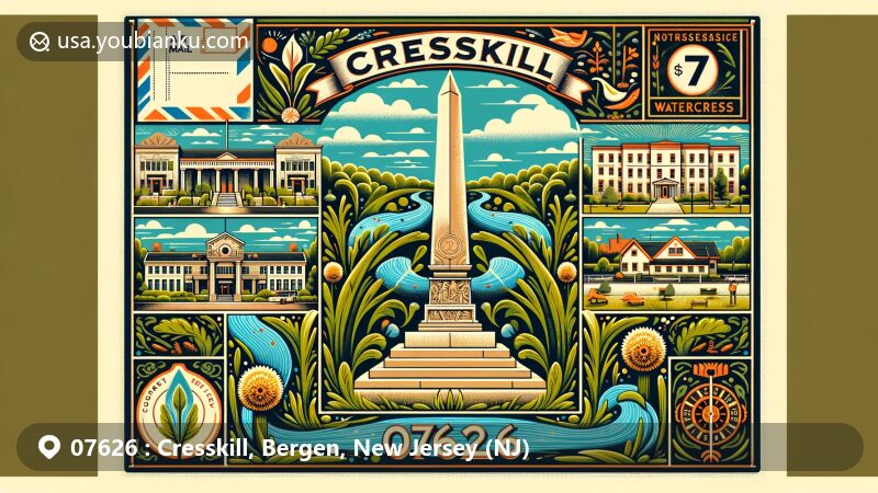 Modern illustration of Cresskill, Bergen, New Jersey (NJ), featuring Camp Merritt Memorial Circle and local landmarks, with a postal theme and watercress plant elements, highlighting ZIP code 07626.