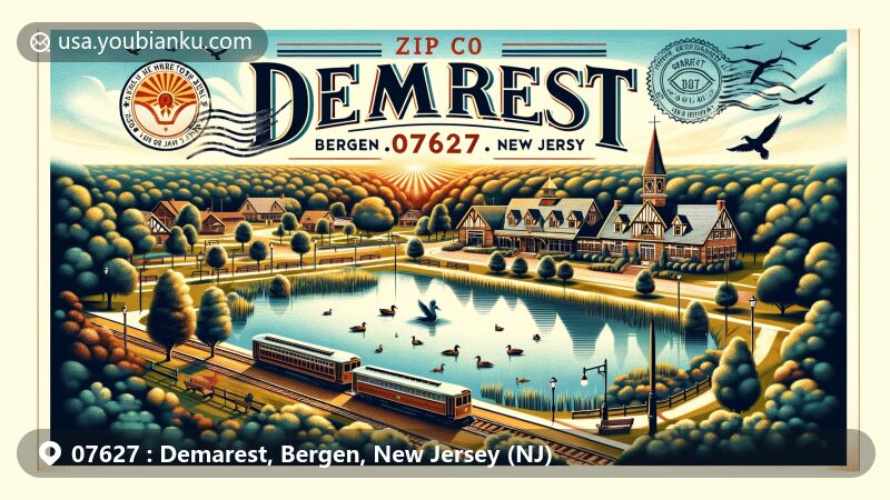Vintage-style illustration of Demarest, Bergen County, New Jersey (NJ), reminiscent of a postcard, highlighting Duck Pond, 19th-century railroad station, '07627' postal mark, and artistic New Jersey state flag elements.