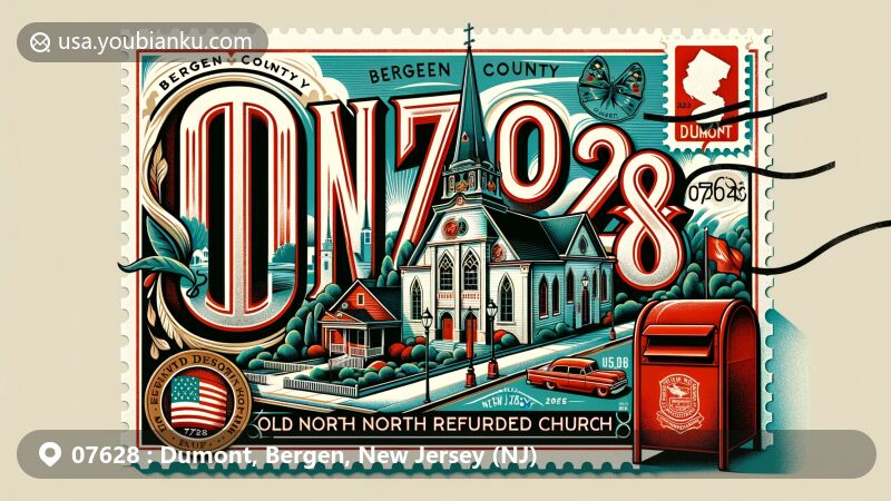 Modern illustration of Dumont, Bergen County, New Jersey, with postal theme showcasing ZIP code 07628, featuring Old North Reformed Church, New Jersey state flag, Bergen County map, vintage postage stamp with Dumont Clarke image, and red mailbox.