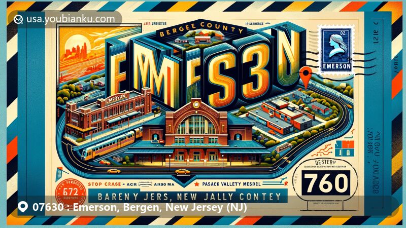 Modern illustration of Emerson, Bergen County, New Jersey, showcasing postal theme with ZIP code 07630, featuring Emerson train station, Pascack Valley Medical Center, and Bergen County map outline.
