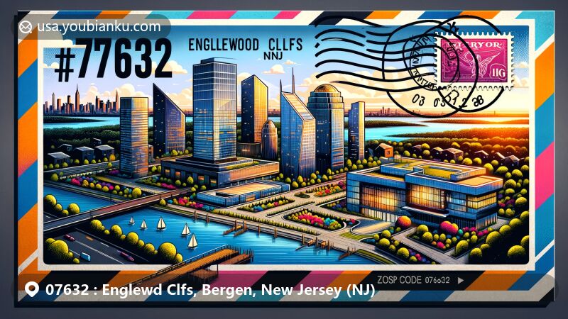 Modern illustration of Englewood Cliffs, New Jersey, showcasing CNBC and LG Group buildings, luxurious residential areas, and Hudson River with New York City skyline, highlighting postal theme with ZIP code 07632.
