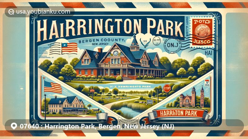 Modern illustration of Harrington Park, Bergen County, New Jersey, showcasing postal theme with ZIP code 07640, featuring historic buildings, green parks, New Jersey state flag stamp, and airmail border.