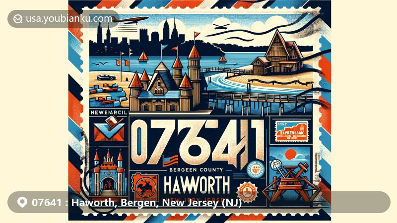 Modern illustration of Haworth, Bergen County, New Jersey, capturing ZIP code 07641 in an airmail envelope design, featuring Memorial Park, Hackensack River Battle depiction, and traditional postal elements.