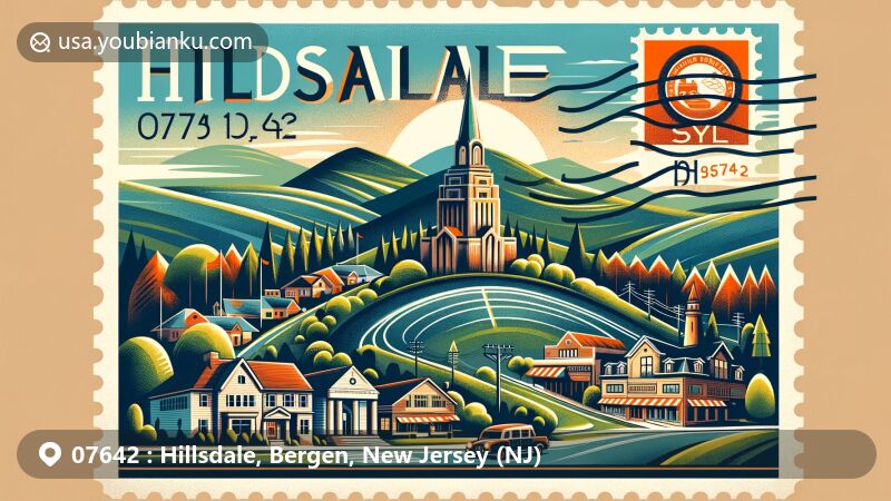 Modern illustration of Hillsdale, Bergen County, New Jersey, featuring High Mountain Park Preserve and Skyline Drive, capturing the scenic beauty of the rural community. Includes postal elements like stamp, postmark, and ZIP code 07642.