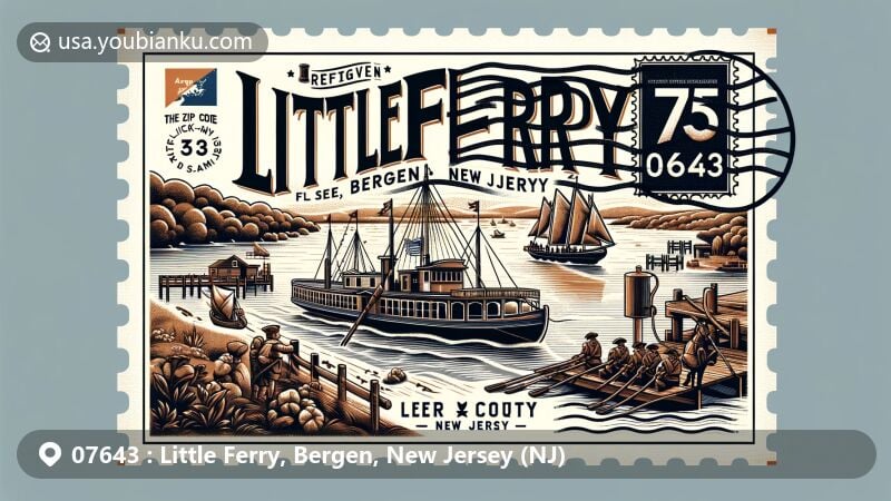Modern illustration of Little Ferry, Bergen County, New Jersey, featuring Hackensack River, historic ferry service, Washington's troops, New Jersey state flag, Bergen County outline, and postal elements.
