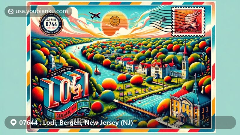 Vibrant postcard-style illustration of Lodi, Bergen County, New Jersey, showcasing Riverside Cemetery and postal theme with ZIP code 07644, featuring classic postal elements.