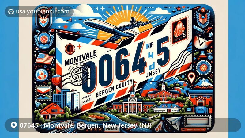 Modern illustration of Montvale, Bergen County, New Jersey, featuring a creative airmail envelope design with ZIP code 07645, showcasing Pascack Valley and the blend of corporate and residential areas.