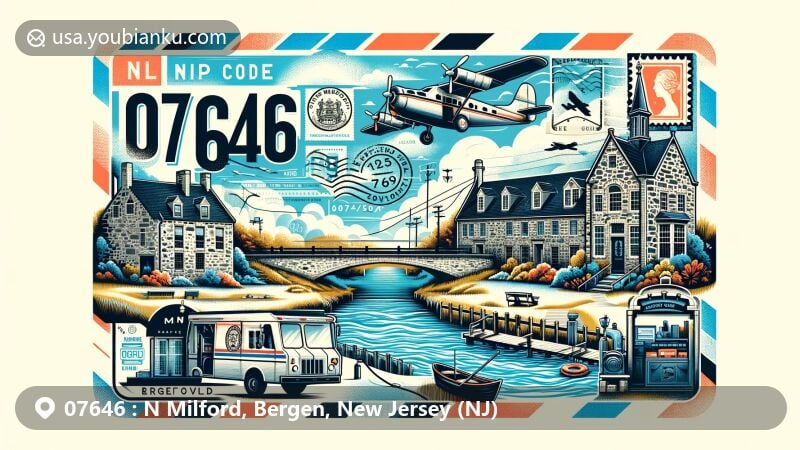 Modern illustration of N Milford, Bergen County, New Jersey, showcasing postal theme with ZIP code 07646, featuring Historic New Bridge Landing and Dutch architecture.