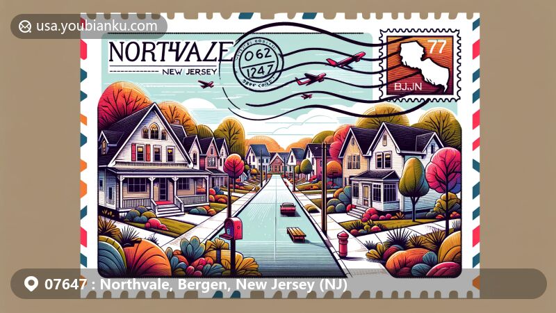 Modern illustration of Northvale, Bergen County, New Jersey, showcasing postal theme with ZIP code 07647, featuring a suburban street with picturesque houses and trees.
