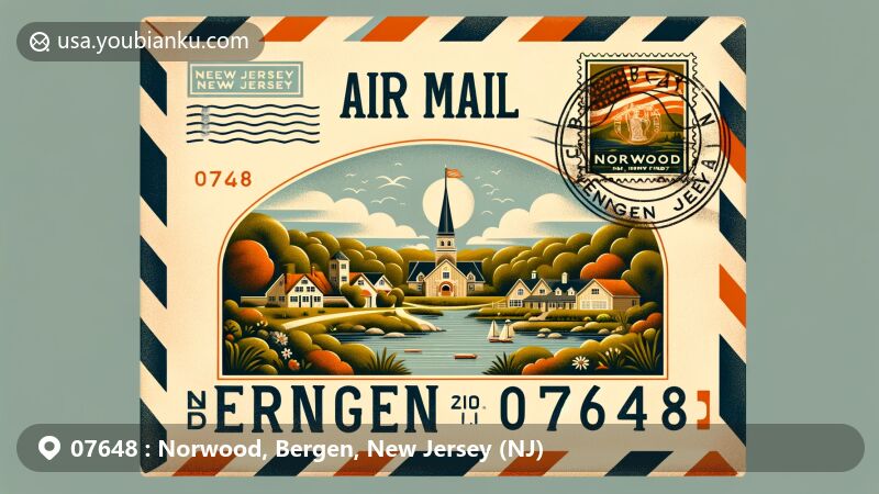Modern illustration of Norwood, Bergen, New Jersey (NJ), capturing essence of ZIP code 07648, with landmarks like Kennedy Field and New Jersey state flag, depicted in air mail envelope style.