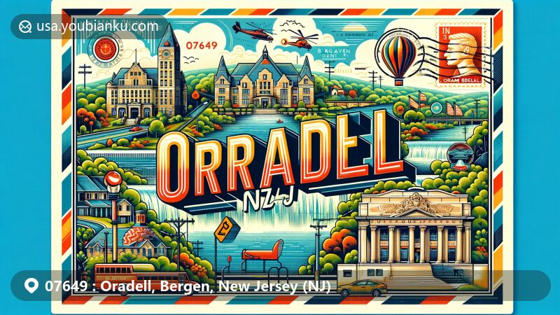 Modern illustration of Oradell, Bergen County, New Jersey, showcasing postal theme with ZIP code 07649, featuring iconic landmarks like Oradell Reservoir and Hiram Blauvelt Art Museum.