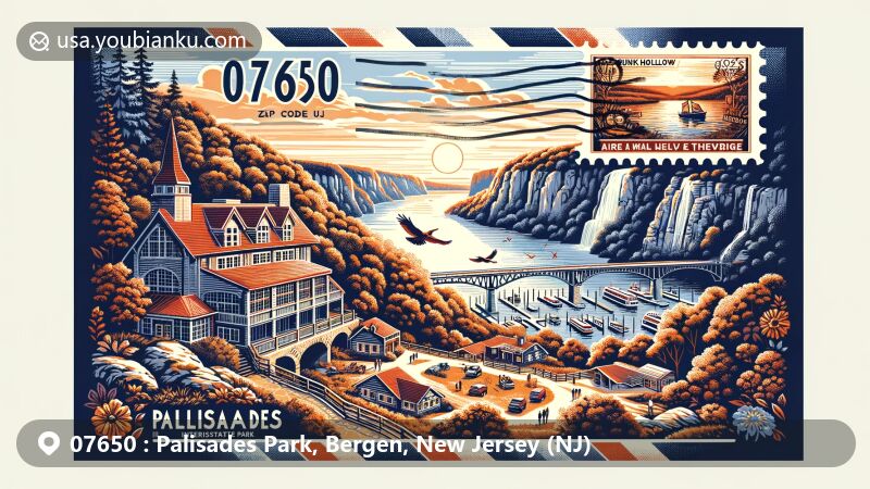 Modern illustration of Palisades Park, Bergen County, New Jersey, showcasing scenic postcard design with Palisades Interstate Park, Hudson River, Palisades Mountain House, Skunk Hollow, outdoor activities, and postal elements including ZIP code 07650.