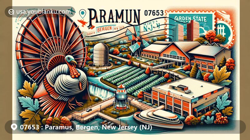 Vibrant illustration of Paramus, Bergen, New Jersey, integrating historical and modern elements, featuring iconic Red Mill, Garden State Plaza, and postal theme with ZIP code 07653, reflecting area's agricultural and shopping significance.
