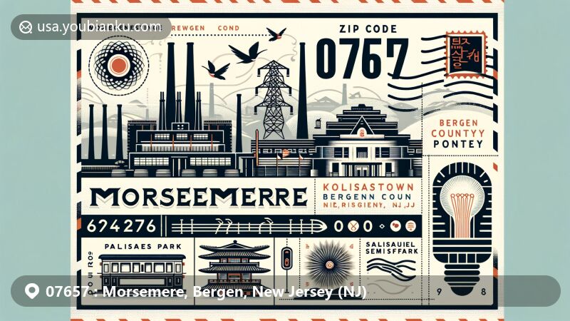 Modern illustration of Morsemere, Bergen County, New Jersey, showcasing postal theme with ZIP code 07657, featuring landmarks like Bergen Generating Station and Palisades Park Koreatown, incorporating elements representing Samuel Morse.