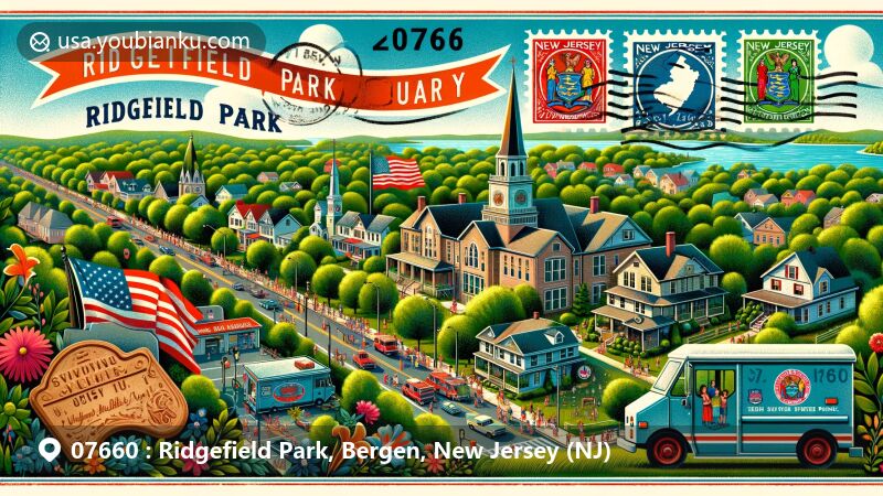 Modern illustration of Ridgefield Park, Bergen County, New Jersey, highlighting village charm with residential areas and green spaces, featuring New Jersey state flag and Fourth of July parade atmosphere.