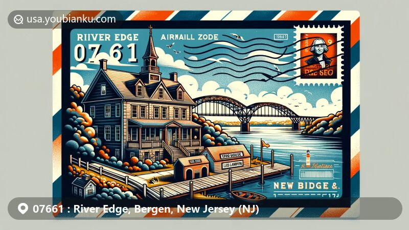 Modern illustration of River Edge, New Jersey, featuring historic landmarks Steuben House and New Bridge Landing from the American Revolutionary War era, with postal elements like stamps and mailboxes bearing ZIP code 07661.