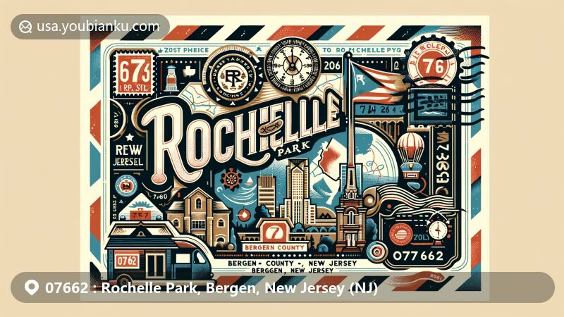 Modern illustration of Rochelle Park, Bergen County, New Jersey, showcasing postal theme with ZIP code 07662, featuring historical connections to La Rochelle, France, and iconic New Jersey state elements.