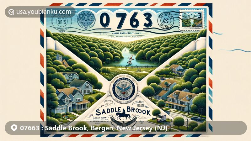 Modern illustration of Saddle Brook, Bergen County, New Jersey, showcasing postal theme with ZIP code 07663, featuring Saddle River County Park and suburban community.