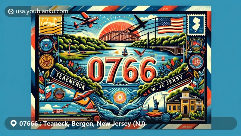 Vibrant illustration of Teaneck, Bergen County, New Jersey, representing ZIP code 07666 with air mail envelope theme, showcasing Teaneck Creek Conservancy and New Bridge Landing.