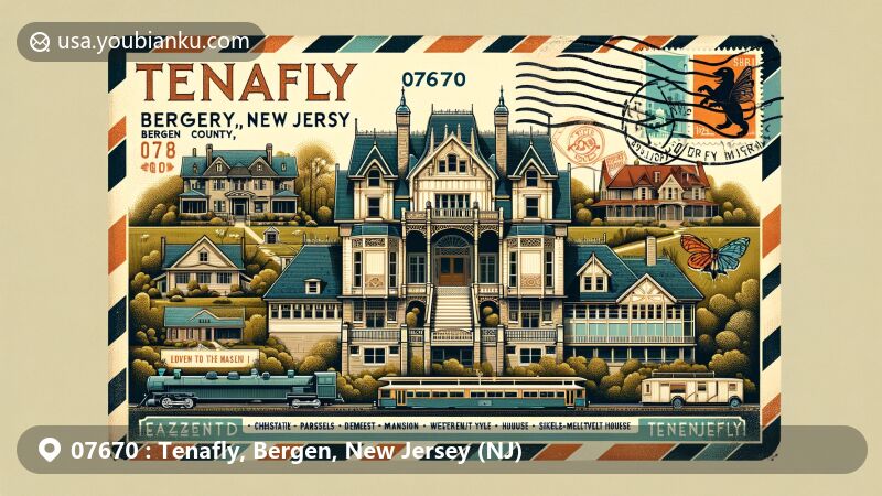 Modern illustration of Tenafly, Bergen County, New Jersey, capturing postal theme with ZIP code 07670, highlighting iconic landmarks like Christie-Parsels House and the Palisades, featuring African Art Museum representation.