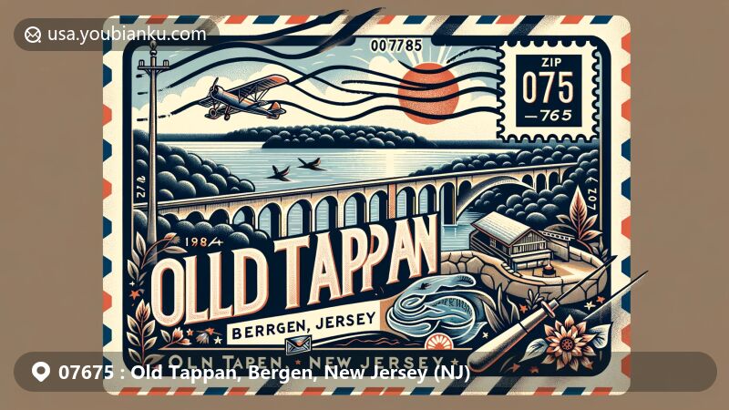 Modern illustration of Old Tappan, Bergen County, New Jersey, showcasing Lake Tappan reservoir and historical references to American Revolutionary War with ZIP code 07675.