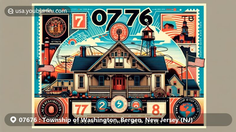 Modern postcard design of the historic Seven Chimneys house in Township of Washington, Bergen County, New Jersey, featuring NJ state flag, Bergen County seal, and postal theme elements.