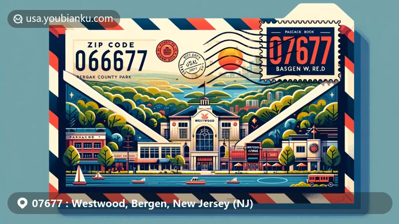 Modern illustration of Westwood, Bergen County, New Jersey, featuring iconic Pascack Brook County Park, Westwood Cinemas, and Westwood Avenue, with a postal-themed design showcasing ZIP code 07677.