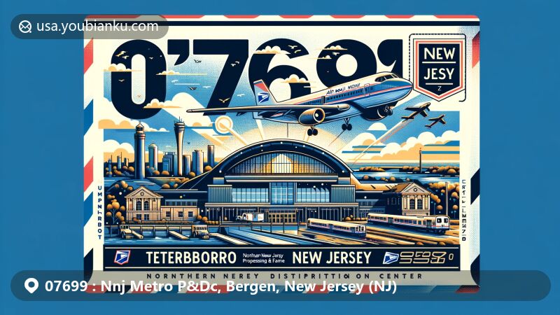 Modern illustration of Teterboro, New Jersey, featuring postal theme with ZIP code 07699 and local landmarks like Teterboro Airport, Aviation Hall of Fame, and Teterboro railway station.