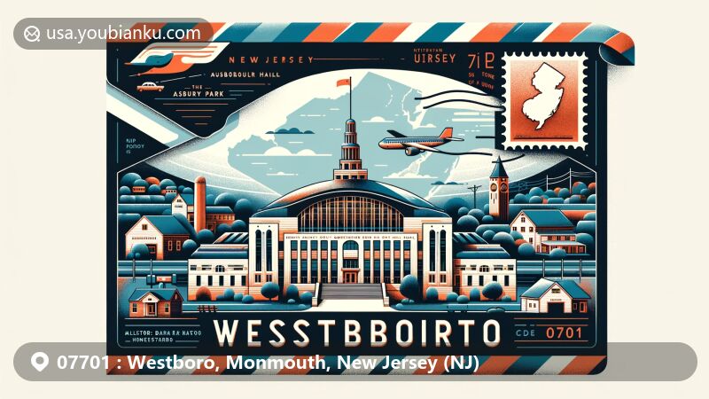 Modern illustration of Westboro, Monmouth, New Jersey, showcasing postal theme with ZIP code 07701, featuring Asbury Park Convention Hall and local landmarks like Allentown Mill and Allgor-Barkalow Homestead.
