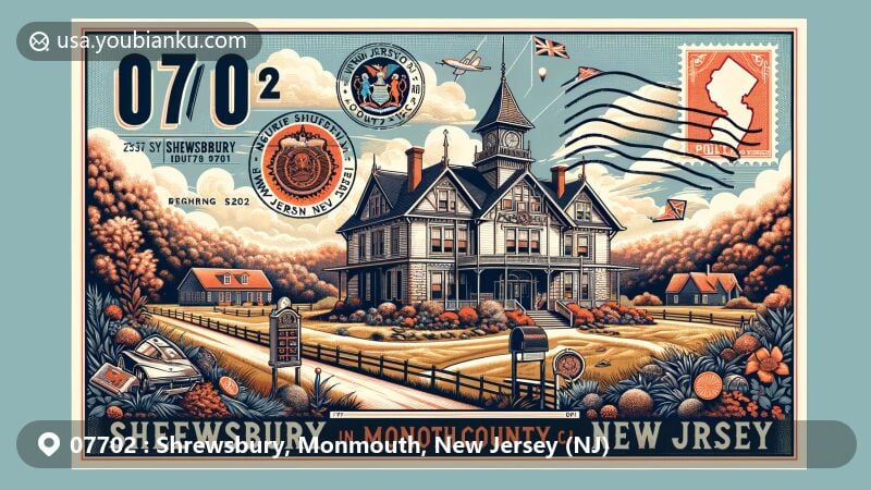 Creative illustration of Shrewsbury, Monmouth County, New Jersey, featuring historic Allen House and local scenic elements, with vintage postal theme highlighting ZIP Code 07702.
